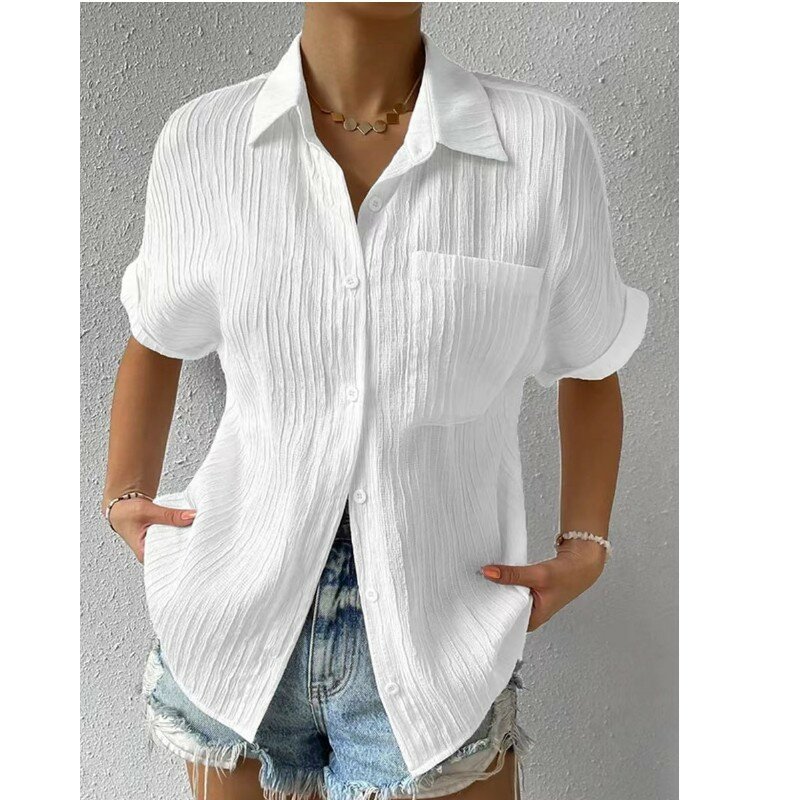 2023 Summer Short-sleeved Shirt Commuter Top Women's Fashion Harajuku Office Ladies Blouse Casual Pocket Solid Vintage T Shirts