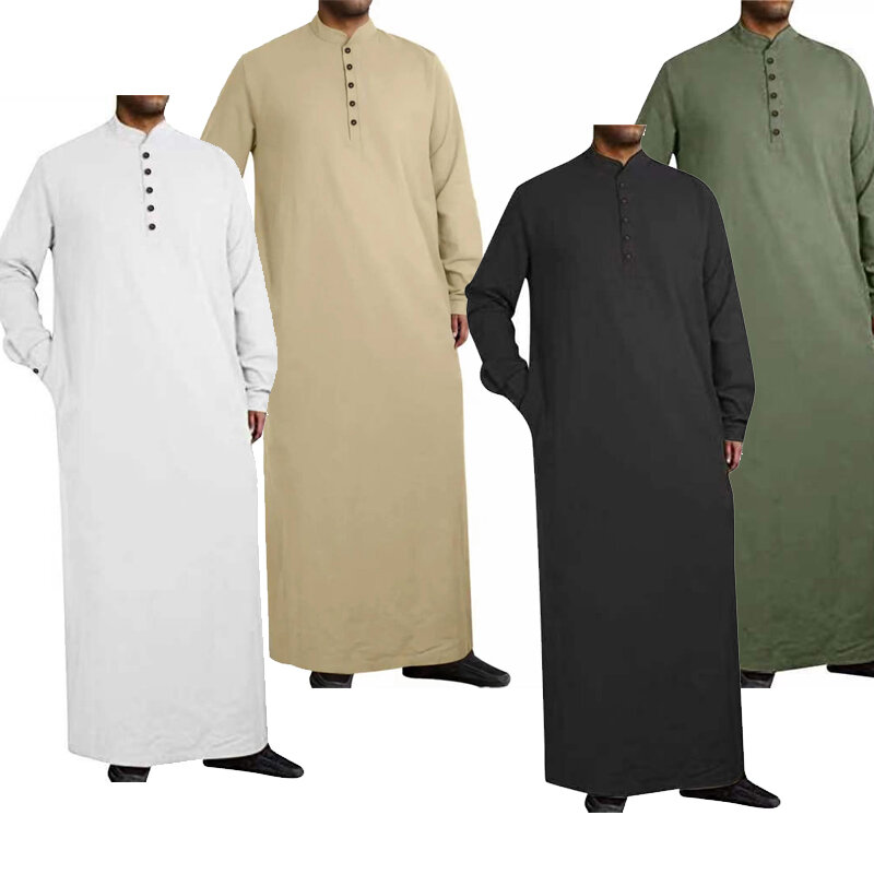 Herren muslimische Roben Ramadan Abaya islamische Kleidung bequeme Kragen Knopf Langarmhemd einfarbig lässig lose Robe