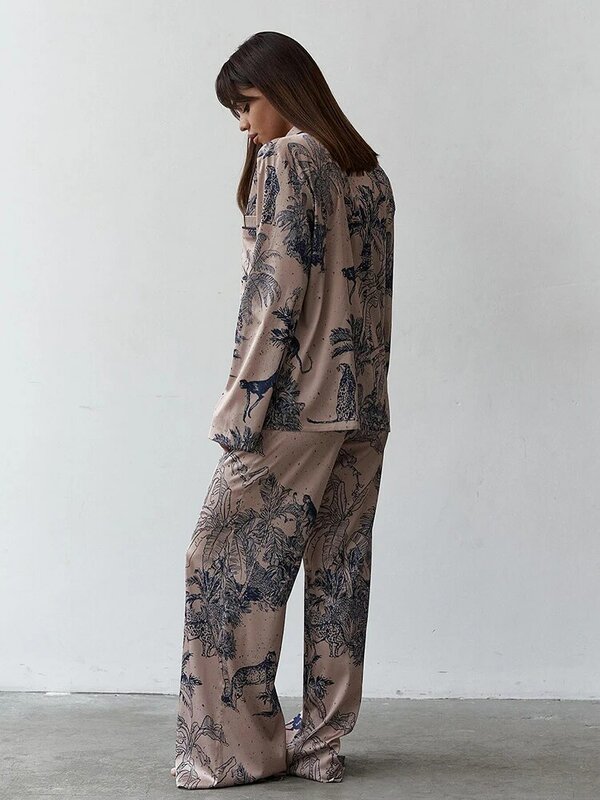Hiloc 프린트 여성용 잠옷 패턴 하이웨이스트 와이드 레그 팬츠 세트, 긴팔 잠옷 세트, 여성용 2 피스, 신상