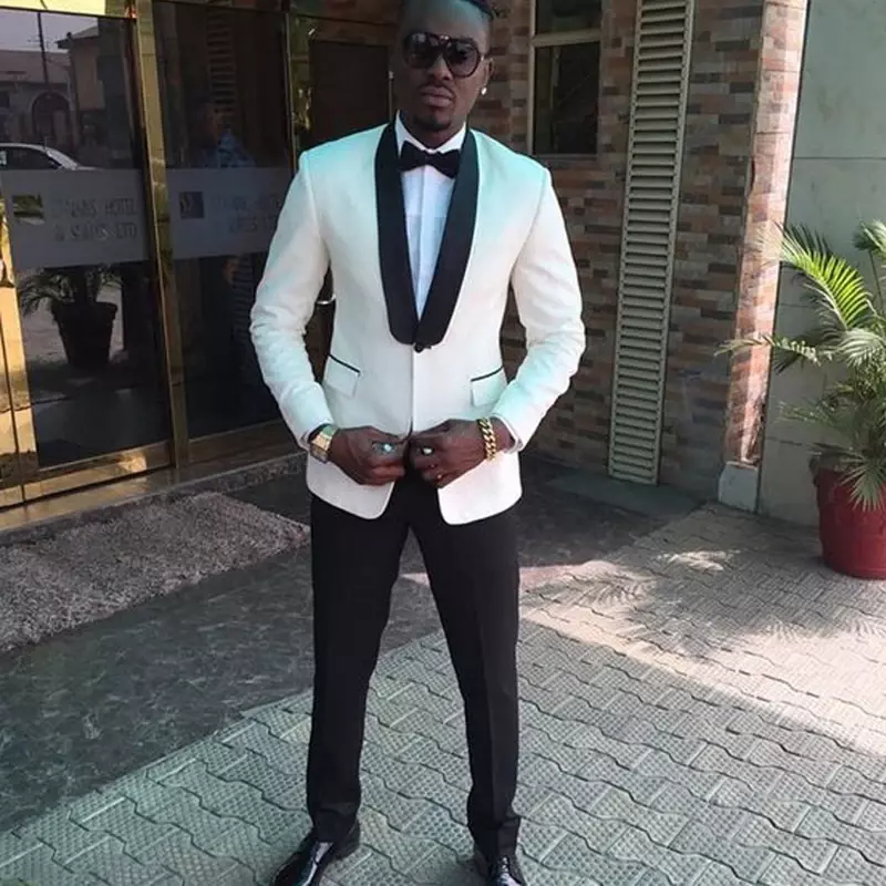 White Wedding Tuxedo for African 2 Piece Slim Fit Men Suits Male Fashion Jacket with Black Pants Business Groom Wear