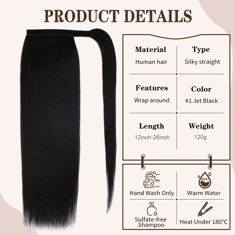 ポニーテール-女性のための人間の髪の毛のかつら,長くてまっすぐなクリップを備えたエクステンション,黒い色,#1,100% レミー