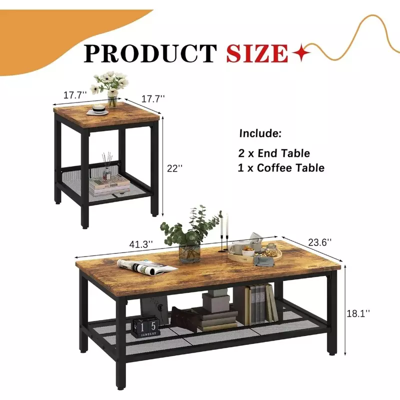 Zestaw stolików kawowych (3 sztuki), przemysłowy stolik kawowy z 2 kwadratowymi stolikami bocznymi, zestaw stolików kawowych z metalową ramą