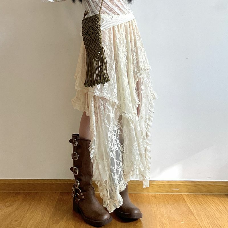 Deeptown Spitze asymmetrischen Rock Fairycore Frauen Vintage Y2K Boho ästhetische Mode hohe Taille Mittel röcke Dame Urlaub Outfits