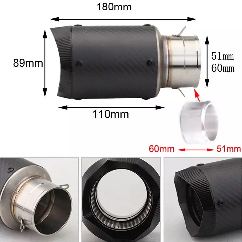 Universal Motorcycle Carbon Fiber Exhaust Pipe, Racing Tubo Escape, CBR600F, MT07, Z800, R6, 60mm
