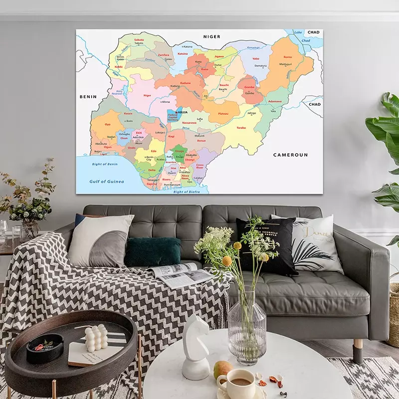 O mapa da nigéria de política 150*100cm não-tecido pintura em tela casa decorativo poster arte da parede imagens de ensino suprimentos