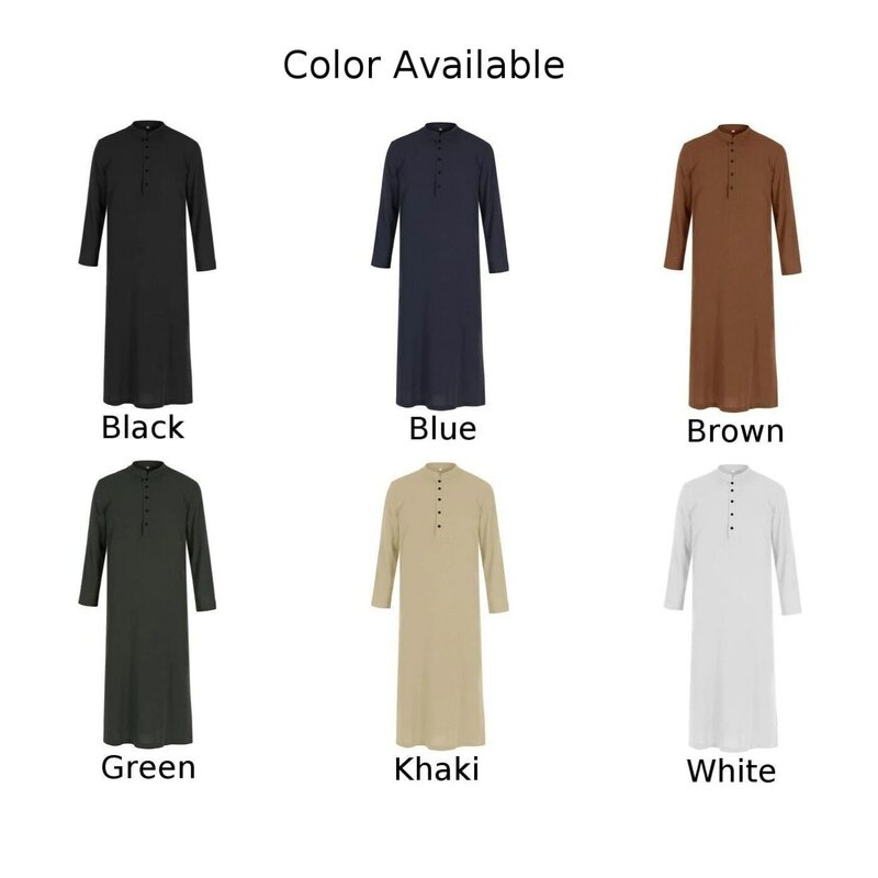 Jubba Thobe muçulmano para homens, caftan sólido regular, gola alta, kaftan árabe fino, vestes respiráveis, casual e confortável