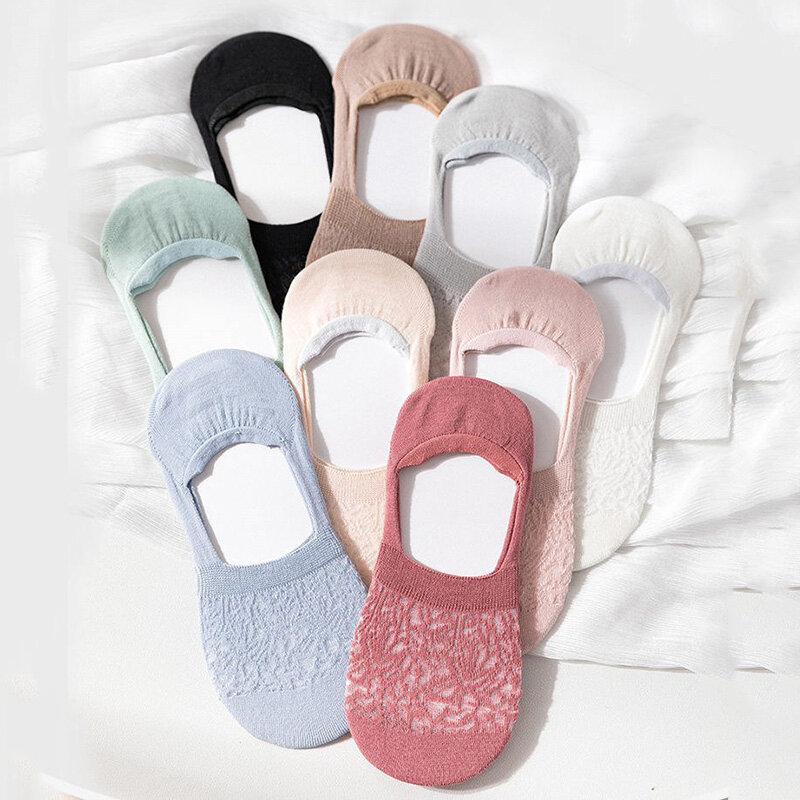 10 peça = 5 pares mulheres verão malha fina rasa mouthed invisível barco meias respirável conforto silicone antiderrapante meias de algodão