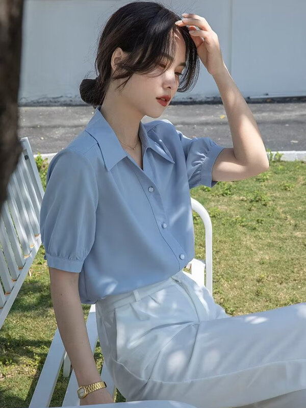 여성용 여름 패션 한국 출퇴근 스타일 반팔 셔츠, 단색, 고급 운동 쿨, 올매치 심플