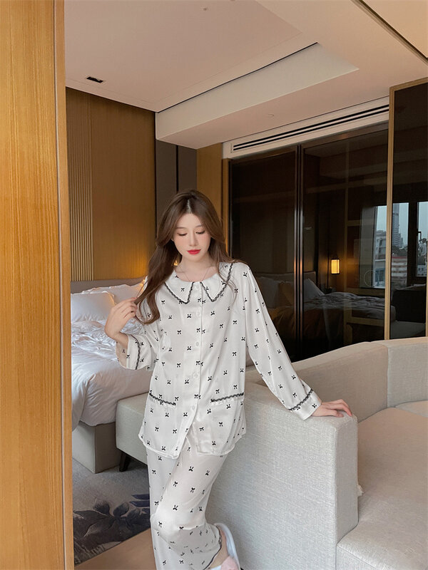 Роскошный Атласный пижамный комплект в французском стиле принцессы с бантом, рубашка с длинным рукавом и штаны, мягкая Домашняя одежда, можно носить, одежда для сна