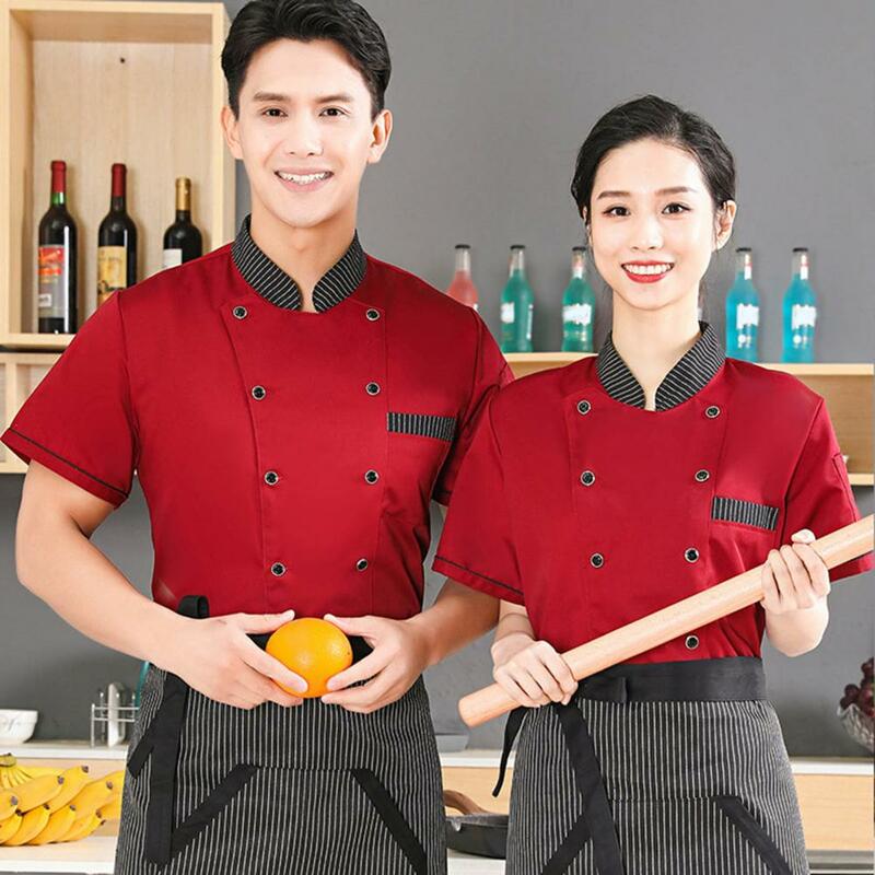 Stand Collar Manga Curta Double Breasted Patch Bolso Chef Uniforme Mulheres Homens Serviço Padaria Respirável Chef Camisa Vestuário Trabalho