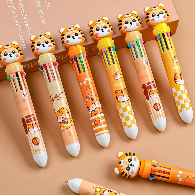 10 Colors Kawaii Tiger Ballpoint Pen 0.5mm Colorful Ink Mechanical Gel Pens Press Pens Korean Stationery School Office Supplies