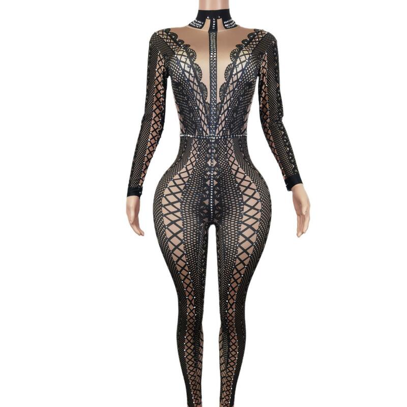 Kobiety seksowne czarne kombinezon z nadrukiem błyszczące kryształy body świętują strój sceniczny kostium do klubu nocnego sukienki na przyjęcie urodzinowe Lianti