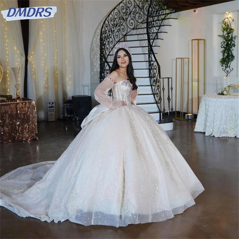 Elegant  Bling Sweetheart Long Sleeve Lace 2024  Sequined Flowers Sweet Quinceanera Dresses  15 Ball Gown Party Princess