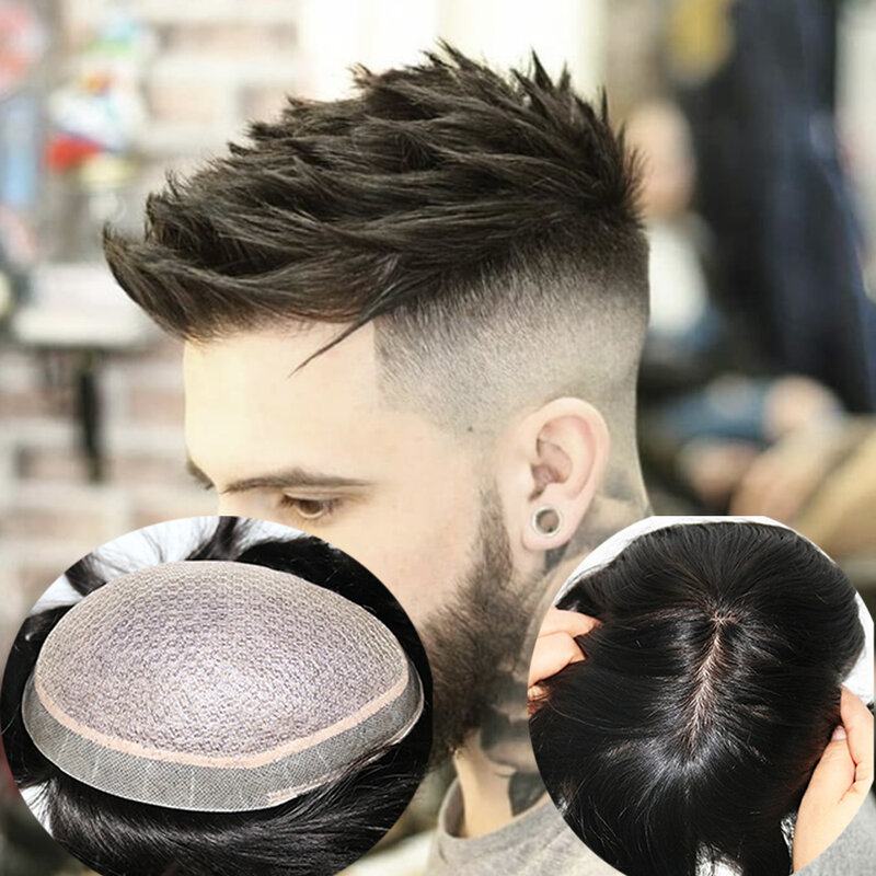Super M-lace Silk Base Men Toupee With PU and Swiss Lace 100% Human Hair Straight Natural Scalp  For Men Toupee Sale