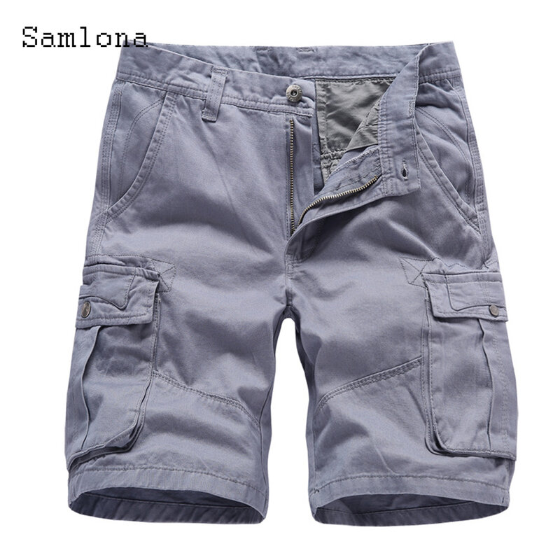 Samlona Plus Size Men's Fashion Zipper Pocket Shorts Khaki Grey Knee-Length Pants 2023 Summer New Cargo Shorts Male Clothing