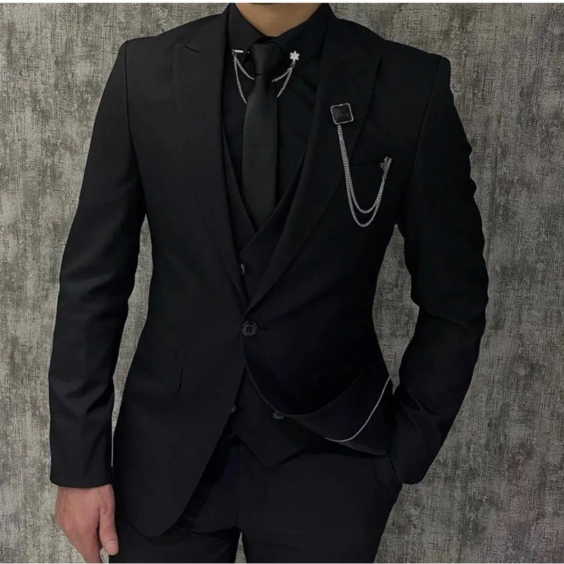Zwarte Herenpakken Piek Revers 1 Knopen Formele Blazer Sets Voor Bruiloft Prom Party Hoge Kwaliteit Custom 3-delige Kostuum Homme