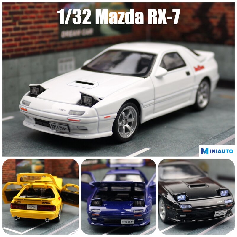1/32 Mazda RX7 Initial D Miniature Diecast RX-7 Toy Car Model Sound & Light Doors Openable Collection Gift for Children Boy Kid