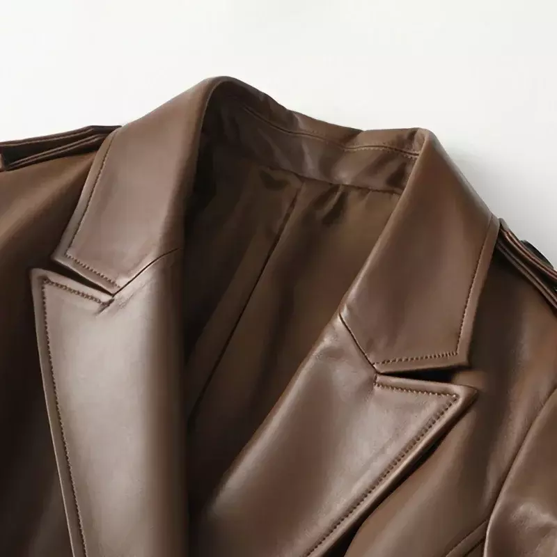 Jaket kulit panjang untuk wanita, mantel Trench kulit asli mode jalanan lengan panjang penuh 2022, pakaian wanita FG4872