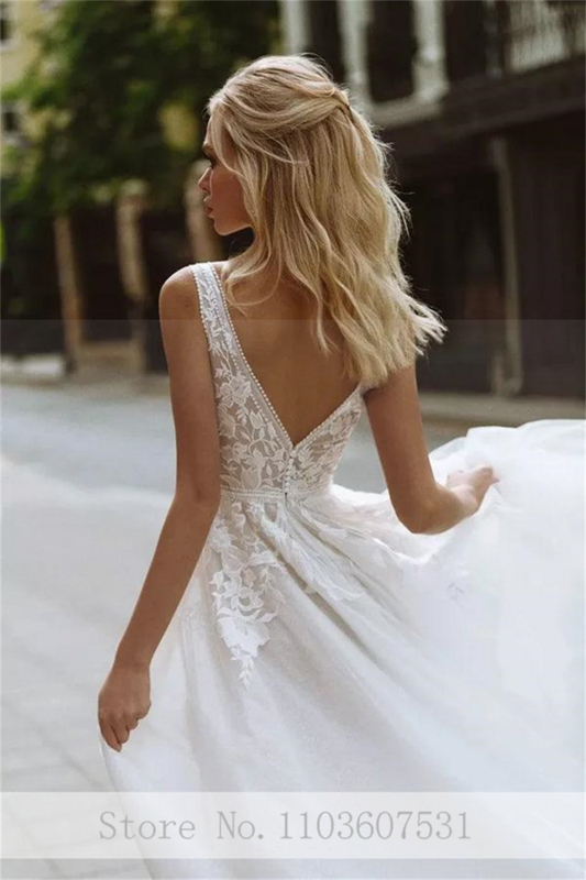 Spaghetti Straps V-neck Tulle Applique Lace Wedding Dress for Women A-line Court Sleeveless Wedding Party Gown robe de mariée