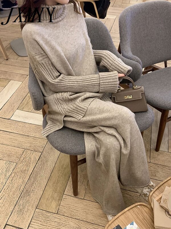 JXMYY-Conjunto de suéter de cuello alto para mujer, chándal de punto cálido, pantalones de piernas anchas, primavera y otoño, 2 piezas