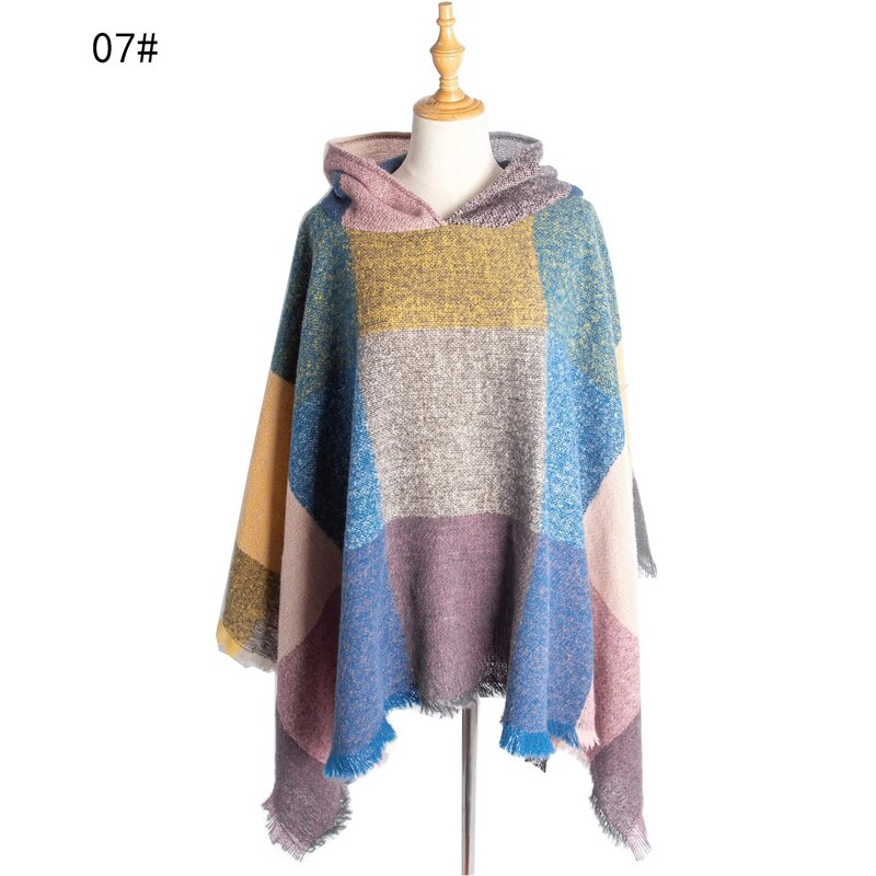 Europe America 2024 Spring Autumn New Large Lattice Women's Pullover Cape Hooded Cape Keep Warm Windproof Coat Ponchos
