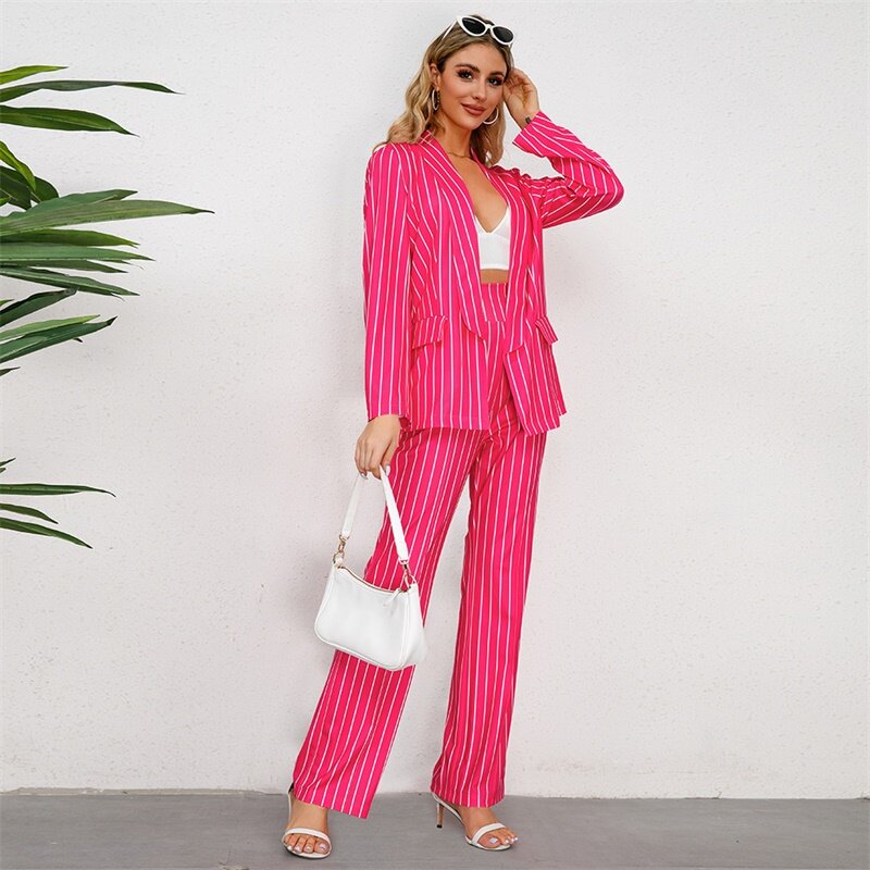 New Fashion Stripe Small Suit Coat+Straight Leg Wide Leg Pants Elegant and Slim Fit Casual Two Piece Set