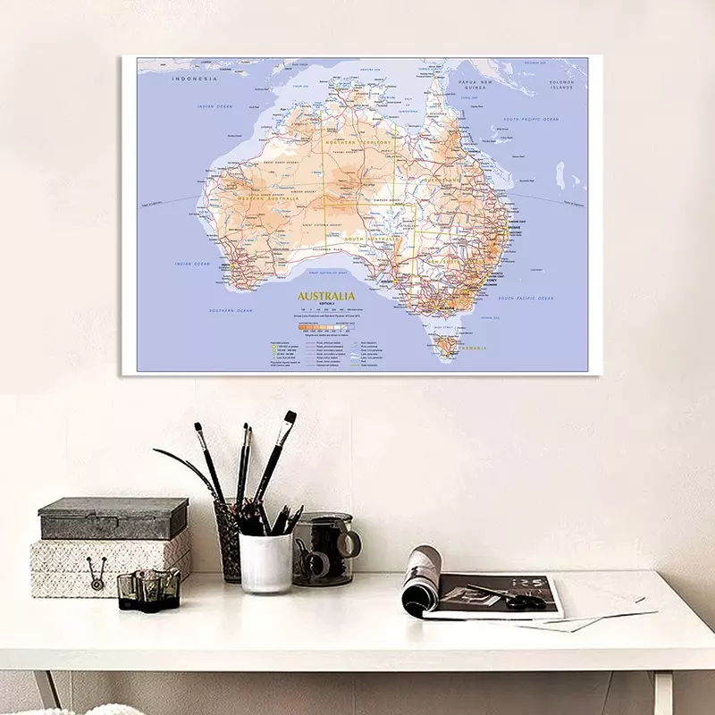 150*100cm The Australia Map Terrain and Traffic Route Map Non-woven Canvas Painting Wall Art Poster Home Decor School Supplies