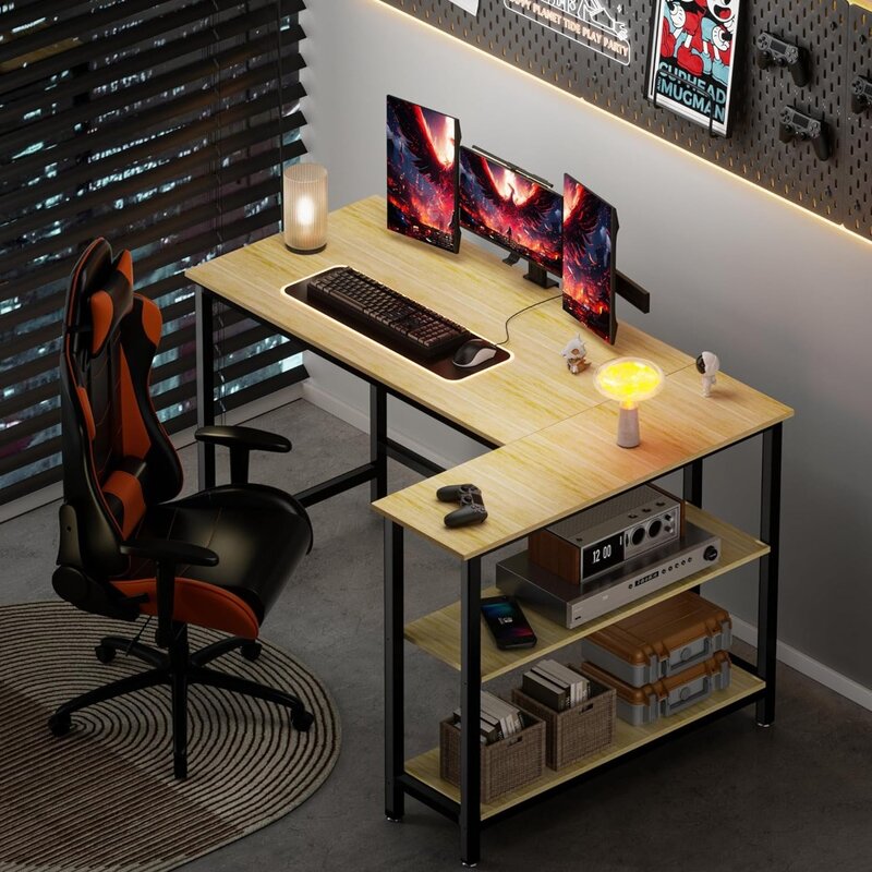 L Shaped Desk - 43 Inch Gaming Desk, Computer Corner Desk, Home Office Writing Desk with Shelf, Space-Saving Workstation Table