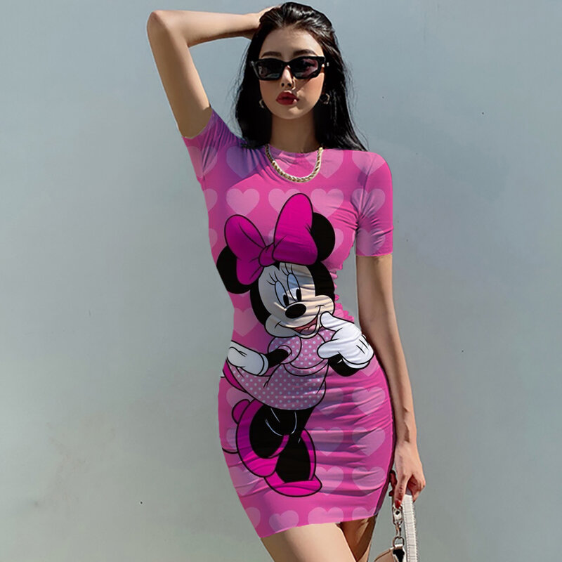 Disney Minnie Mickey Mouse bow print Elegant Pencil Dress Womens Simple Sheath Office Dresses Summer Short sleeve Casual Vestido