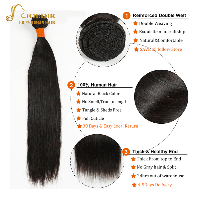 Joedir-peruano Straight Hair Weave, extensões de cabelo humano, extensões de cabelo tece, alta 12A, 3 Pacotes, 3 Pacotes Deal, 300g
