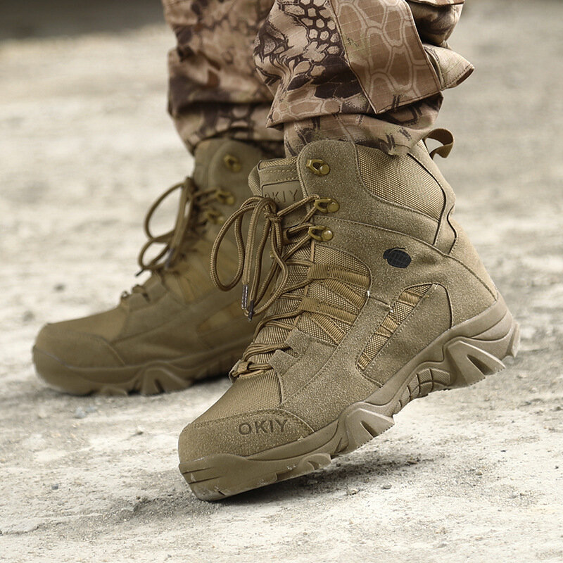 Sepatu bot militer pria, Kasut Ankle kulit sapi Suede, taktis luar ruangan tempur kerja tahan air