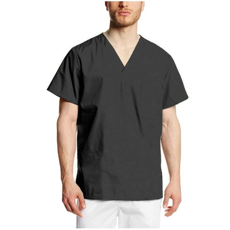 Męski mundur pielęgniarski, koszulka z krótkim rękawem, krótki rękaw, bluzki z dekoltem w szpic, koszulka oversize, pracownik opieki, ubrania kliniki medycznej