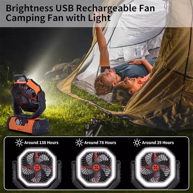 Kipas angin meja Kemah portabel, kipas angin Kemah dengan lampu LED, dapat diisi ulang, dioperasikan baterai dengan kait gantung untuk rumah kamar tidur