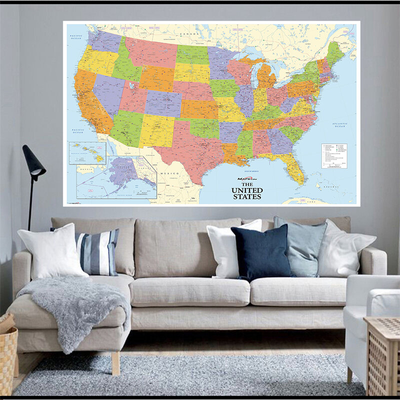 Toile Non tissée de carte des états-unis 225x150 Cm, impression de carte détaillée, grand Poster, fournitures éducatives, décoration de la maison