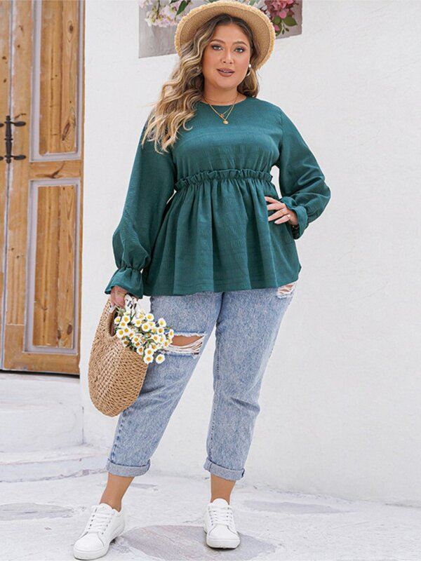 Plus Size Spring Pullover Long Sleeve Tops Women Ruffle Pleated Fashion Puff Long Sleeve Ladies Blouses Loose Casual Woman Tops