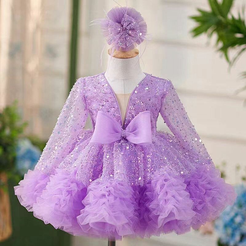 Jill Wish Luxury lilla Arabric Girl Dress paillettes Bow Baby Kids Princess Birthday Wedding Party bambini Holiday Gown 2024 J152