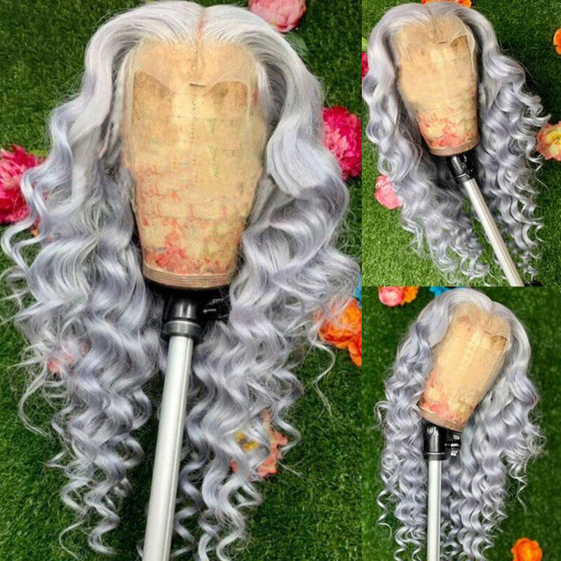 Diniwigs Grey Synthetic Lace Front Wigs Long Deep Wave Gray Synthetic Wig Lace Frontal Glueless Heat Fiber Hair Cosplay Wigs