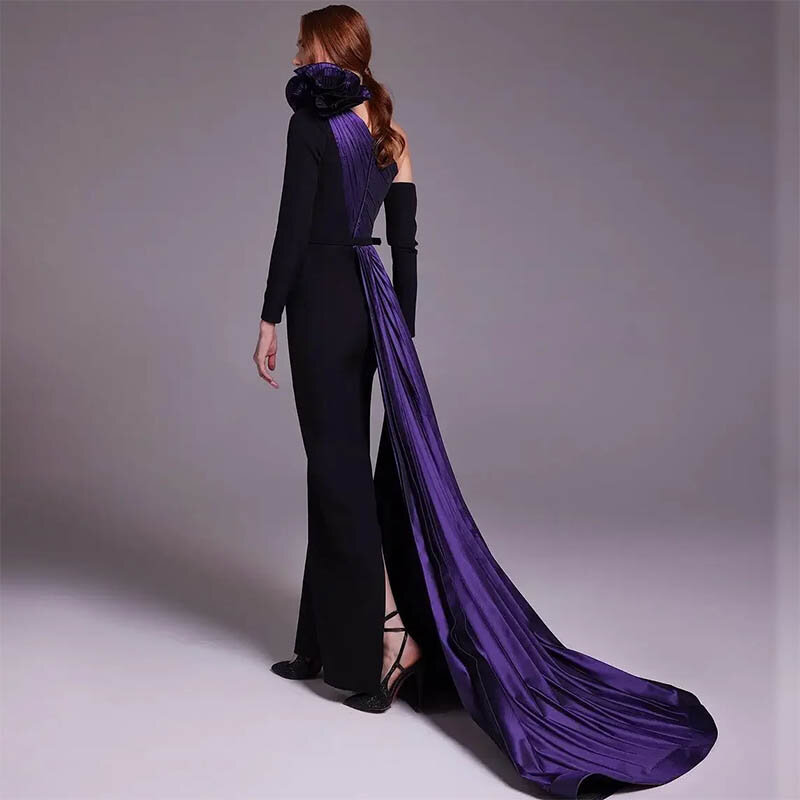 Gaun Prom Mewah Satu bahu hitam ungu gaun pesta malam elegan panjang lantai kerut lengan panjang putri duyung gaun pesta Formal