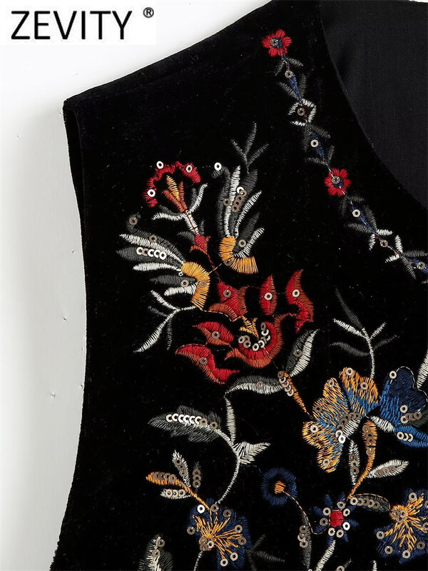 Zevity-Chaleco Vintage con bordado de flores y lentejuelas para mujer, chaqueta de estilo nacional, chaleco informal de terciopelo, Tops CT2978