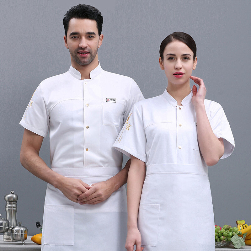 Chef Overalls Men's Short Sleeve Chef Uniform Catering Restaurant Barbecue Chef Overalls Short Sleeve Thin Chef Uniform Summer