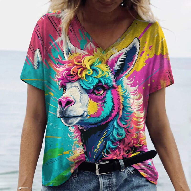 Kaus wanita musim panas motif kucing pakaian jalanan Wanita kaus lengan pendek leher-v kasual atasan grafis hewan ukuran besar