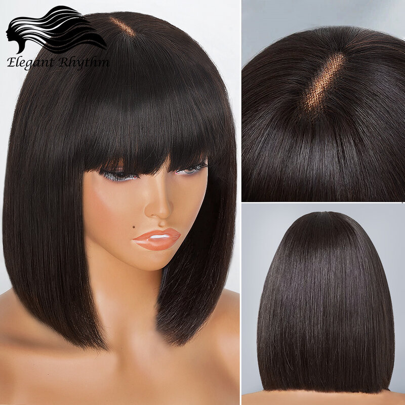 Faux cuir chevelu perruques droites perruques de cheveux humains avec une frange 180 % de densité dentelle haut brésilien perruques de cheveux humains pour les femmes noires fabriqué à la machine cuir chevelu naturel B