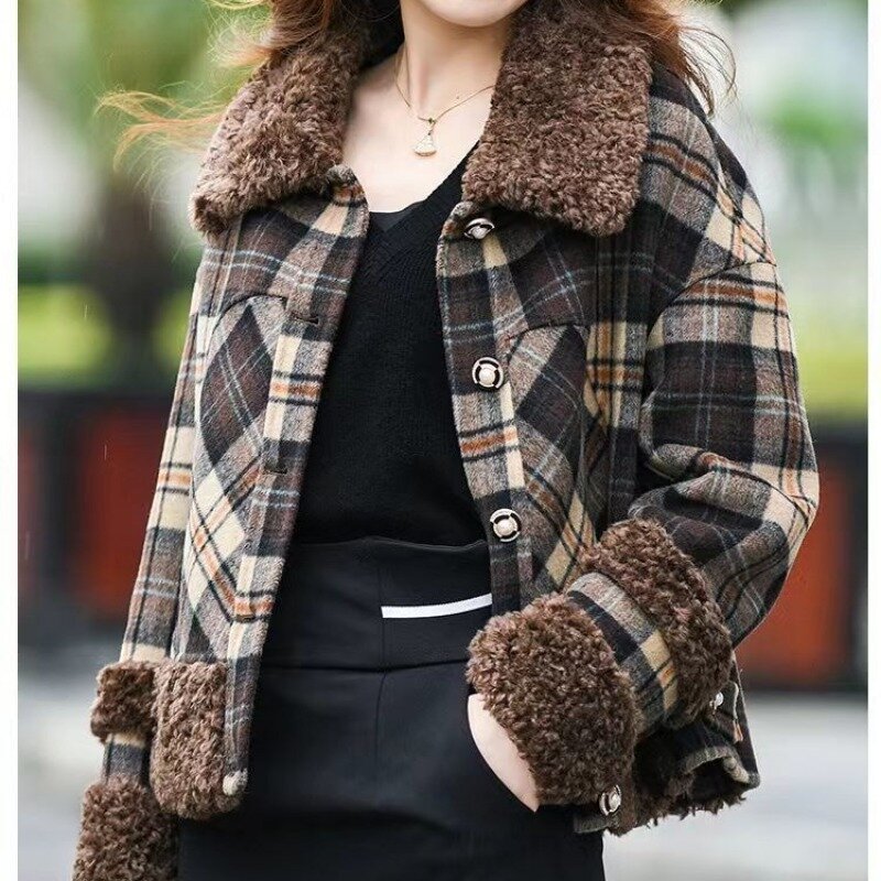 Jaqueta de caxemira curta com costura de pele, casaco de lã, sobretudo xadrez quente, casaco elegante, novo, primavera e outono, 2023