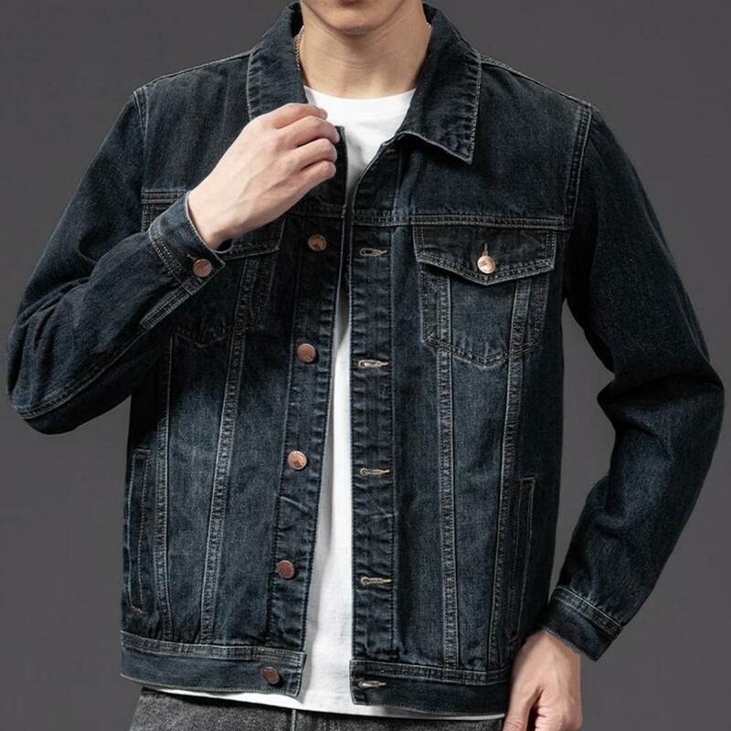 Jaqueta jeans de peito único masculina com vários bolsos, lapela, casaco justo, cardigã elegante, monocromático, estilo coreano