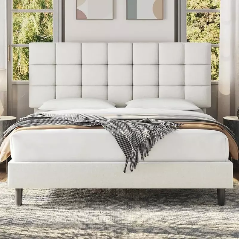 Bed Frame,Supported By Wooden Slats,No Need for A Box Spring,Square Tufted Fabric Headboard Height-adjustable Platform Bed Frame