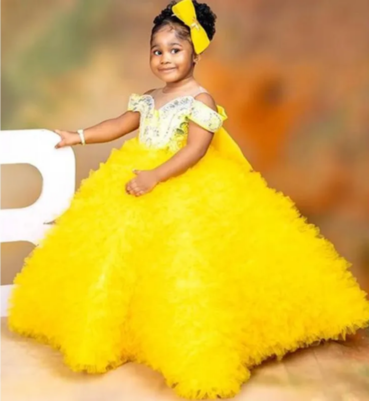 Gelbe geschwollene Blumen mädchen Kleid Tüll V-Back Perlen mit Bogen Baby Geburtstag für Hochzeit Prinzessin Party Erstkommunion Ballkleider