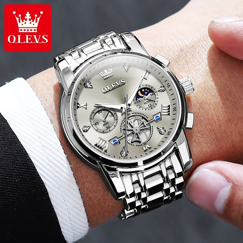 OLevs นาฬิกาข้อมือสแตนเลสสำหรับผู้ชาย, นาฬิกาข้อมือควอทซ์กันน้ำเรืองแสงสำหรับผู้ชายนาฬิกาผู้ชายแบรนด์หรู