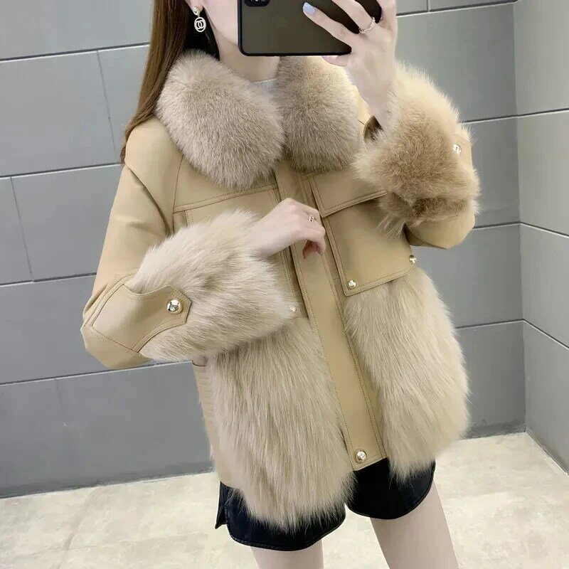 Casaco grosso de pele de raposa feminino casaco de pele de carneiro jaqueta de couro gola de emenda, outwear quente, novo inverno, 2024