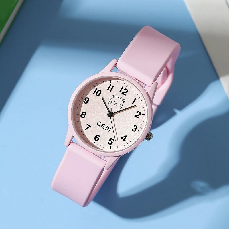 Relojes de moda para niños y niñas, correa de silicona rosa, diseño de gato bonito, reloj de pulsera resistente al agua hasta 30M de cuarzo, nuevo
