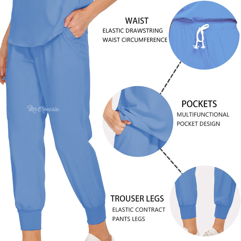 Seragam medis Scrub elastis Set rumah sakit Scrub bedah atasan celana perawat pakaian kerja pakaian dokter aksesoris medis